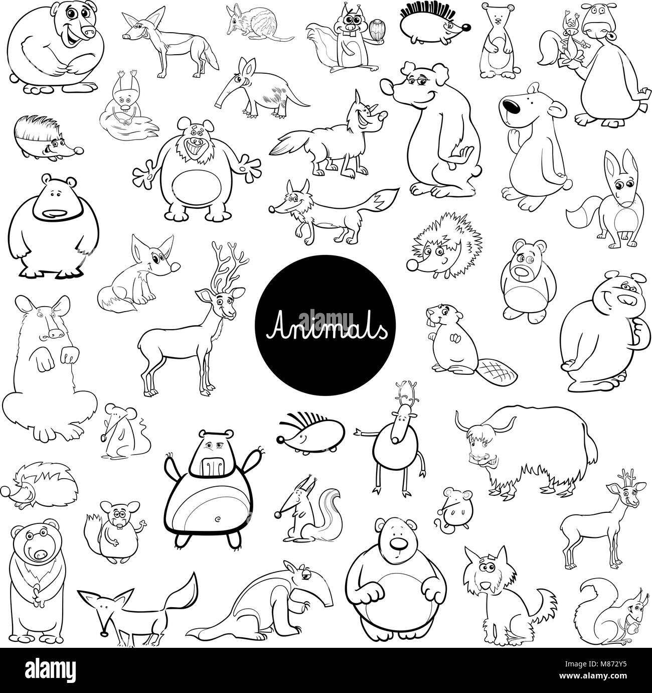 Cartoon noir et blanc Illustration de mammifères sauvages caractères Animal énorme ensemble Coloring Book Illustration de Vecteur