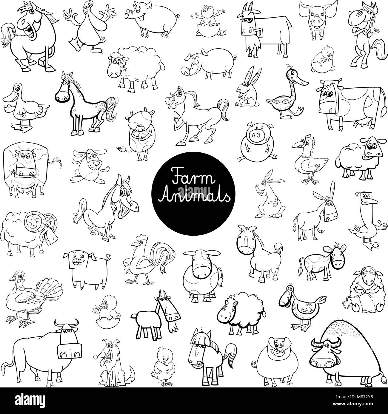 Illustration Cartoon noir et blanc de personnages animaux rigolos de la ferme énorme ensemble Coloring Book Illustration de Vecteur
