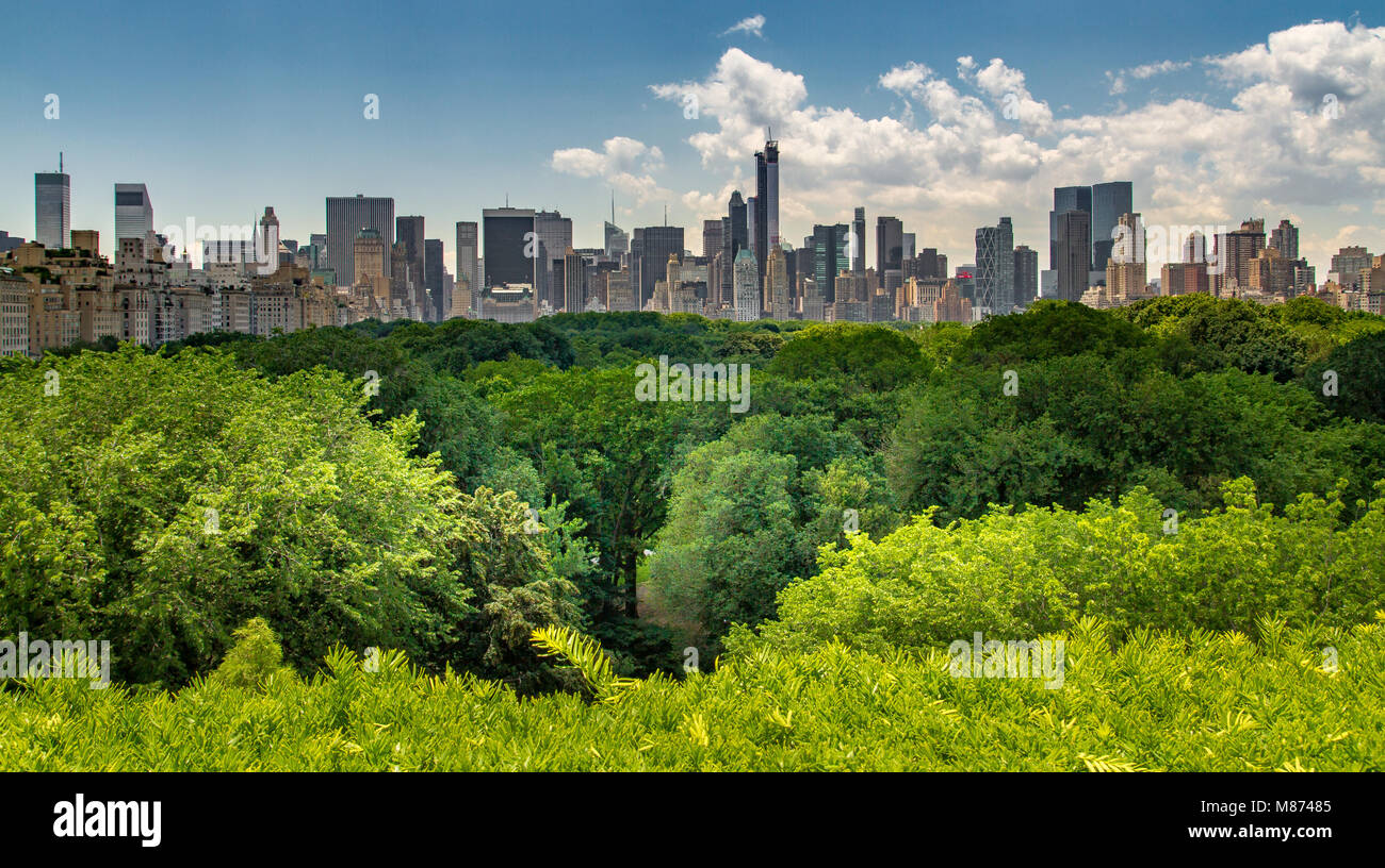 À la recherche sur les arbres de Central Park vers les gratte-ciel de Manhattan depuis le toit-terrasse au Metropolitan Museum of Art, New York, NY Banque D'Images