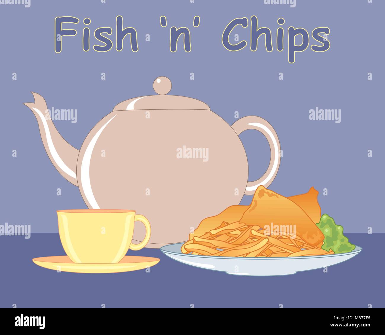 Un vecteur illustration en format eps 10 d'un repas de poisson et frites avec petits pois et une tasse de thé sur un fond bleu Illustration de Vecteur