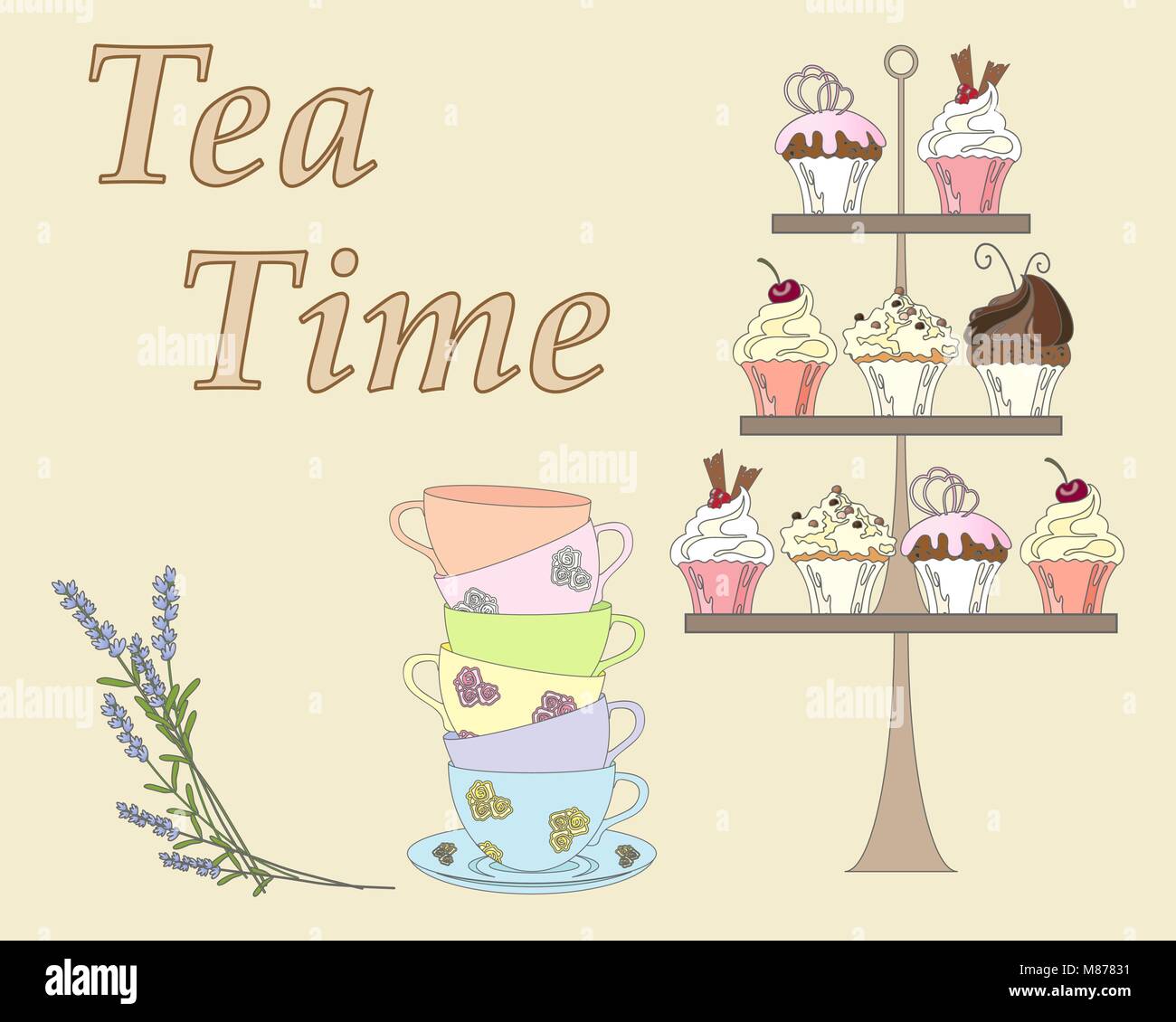 Un vecteur illustration en eps 10 format d'un thé anglais l'après-midi avec un affichage de certains gâteaux fantaisie tasses et des fleurs de lavande sur un fond beige Illustration de Vecteur