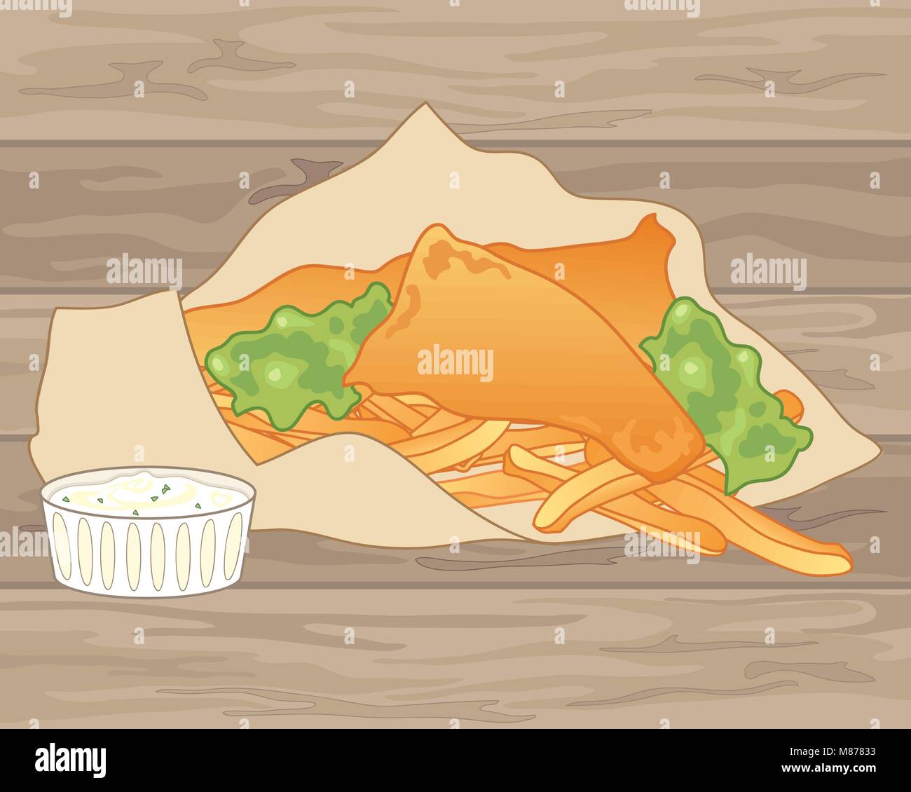 Un vecteur illustration en eps 10 anglais traditionnels de poisson et frites dans du papier brun avec des petits pois et un bol de sauce tartare sur un fond de bois Illustration de Vecteur