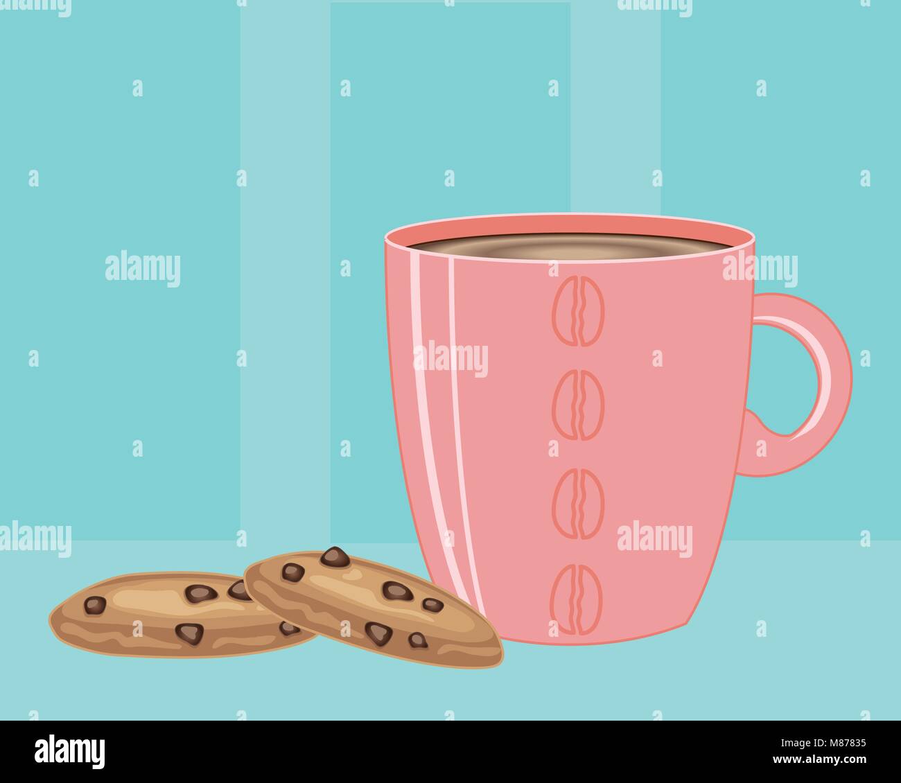Un vecteur illustration en eps 10 format d'un mug rose pleine de café chaud et deux cookies aux pépites de chocolat sur un fond bleu vintage Illustration de Vecteur