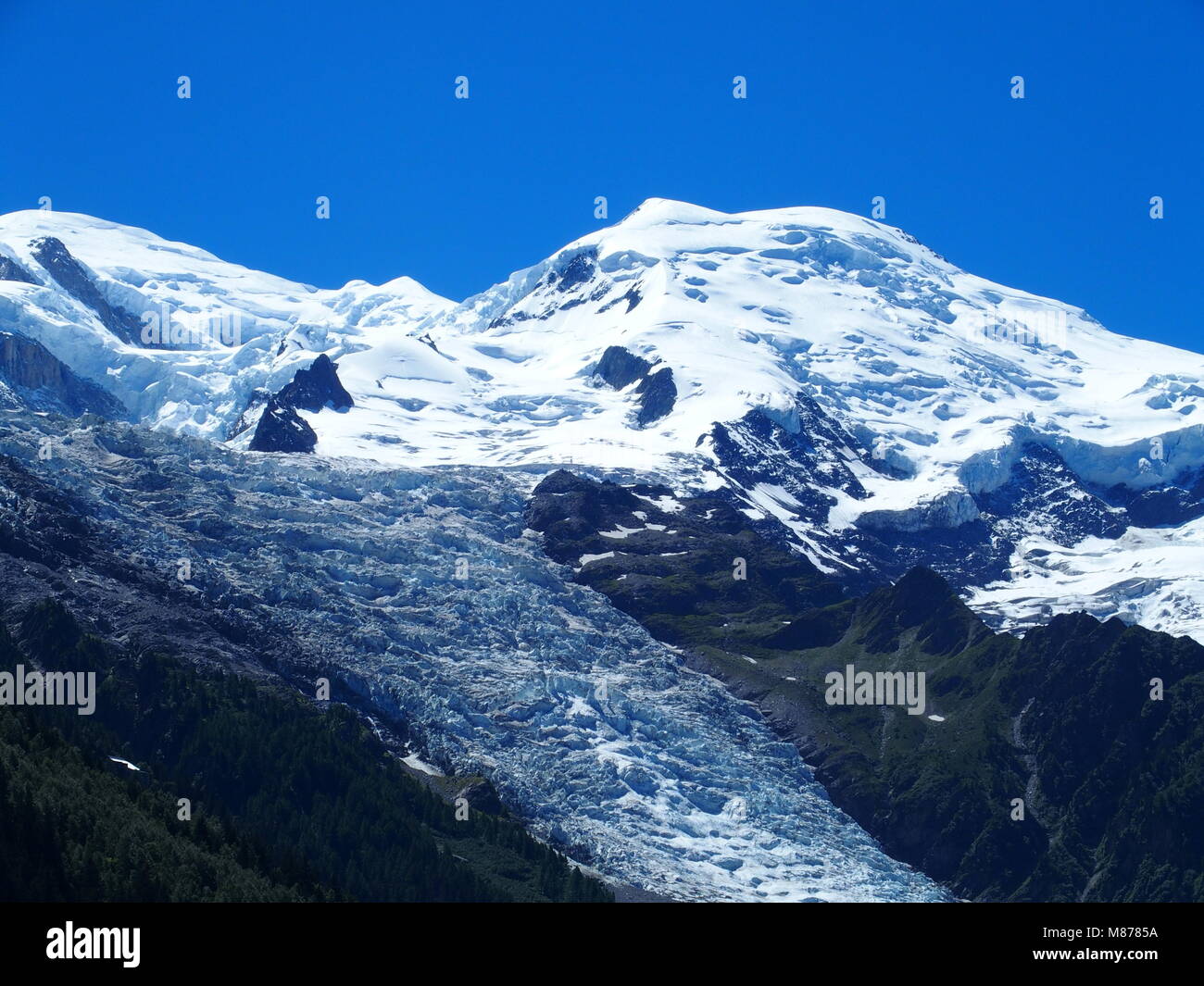 Massif du Mont Blanc sur l'arc alpin et la beauté des paysages glacier des  Bossons à Chamonix, alpes village avec ciel bleu clair en 2016 l'été chaud  et ensoleillé Photo Stock -