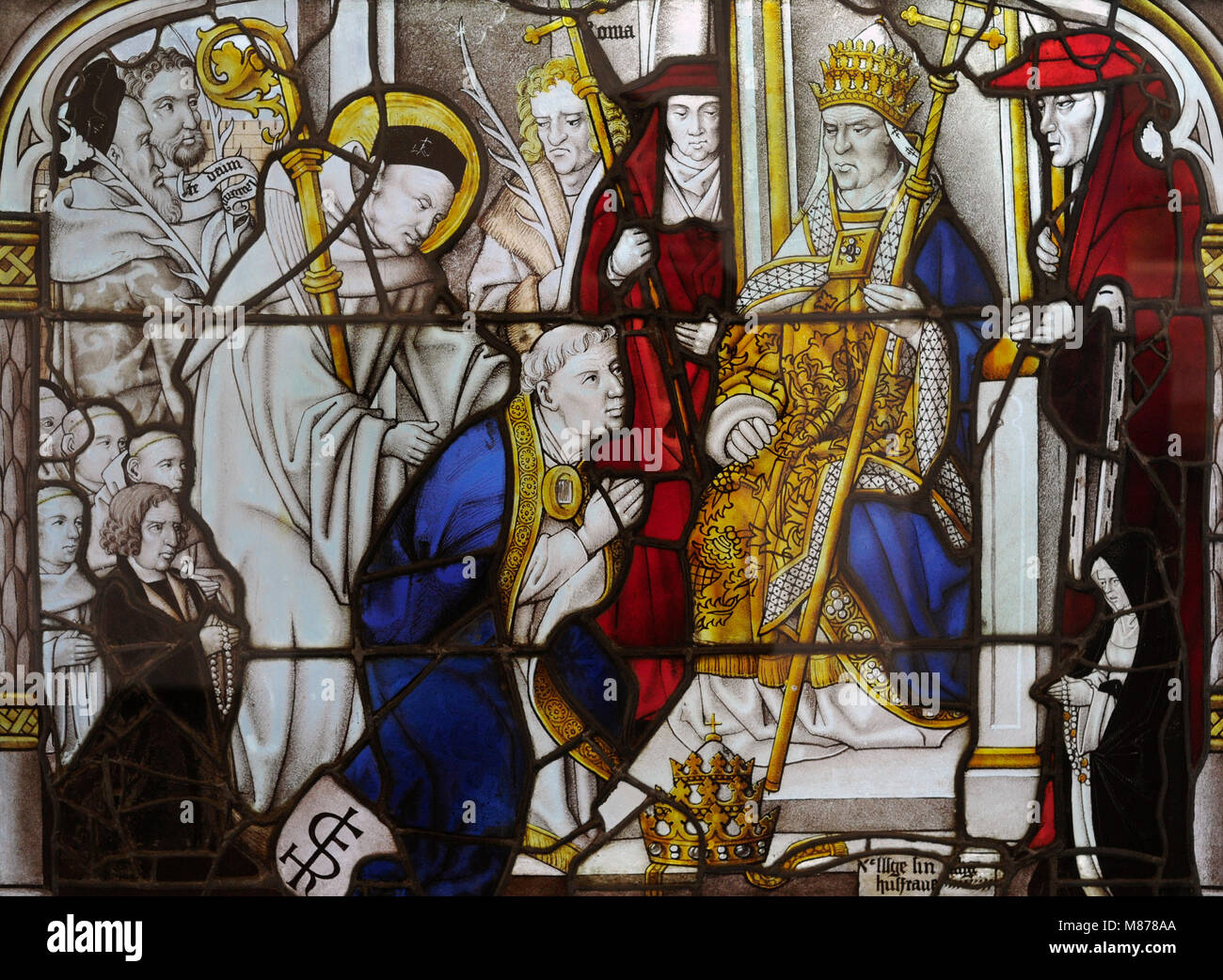 Saint Bernard au deuxième Concile du Latran à Rome, convoqué par le pape Innocent II en 1193. Vitraux de cloître du Monastère cistercien de Altenberg. L'Allemagne. Maître de Saint Severin, 1505-1520. Schnütgen Museum. Cologne, Allemagne. Banque D'Images