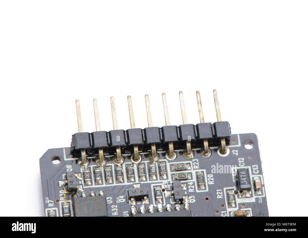 Carte à circuits imprimés du connecteur de l'axe de bielle sur fond blanc Banque D'Images