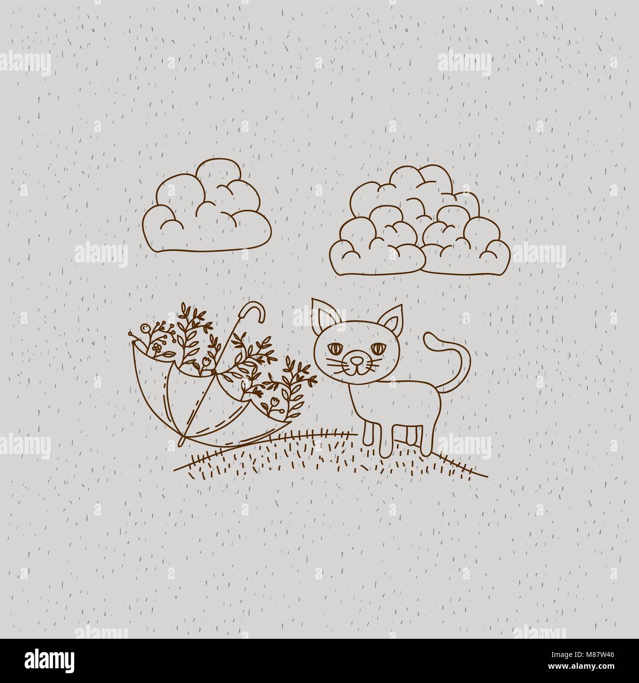La main de paysage monochrome chat dans Hill et parapluie avec des plantes Illustration de Vecteur