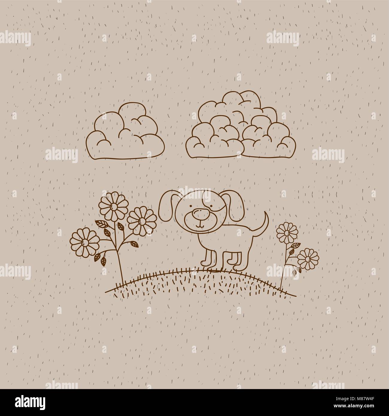 La main de paysage monochrome chien dans Hill avec des plantes Illustration de Vecteur