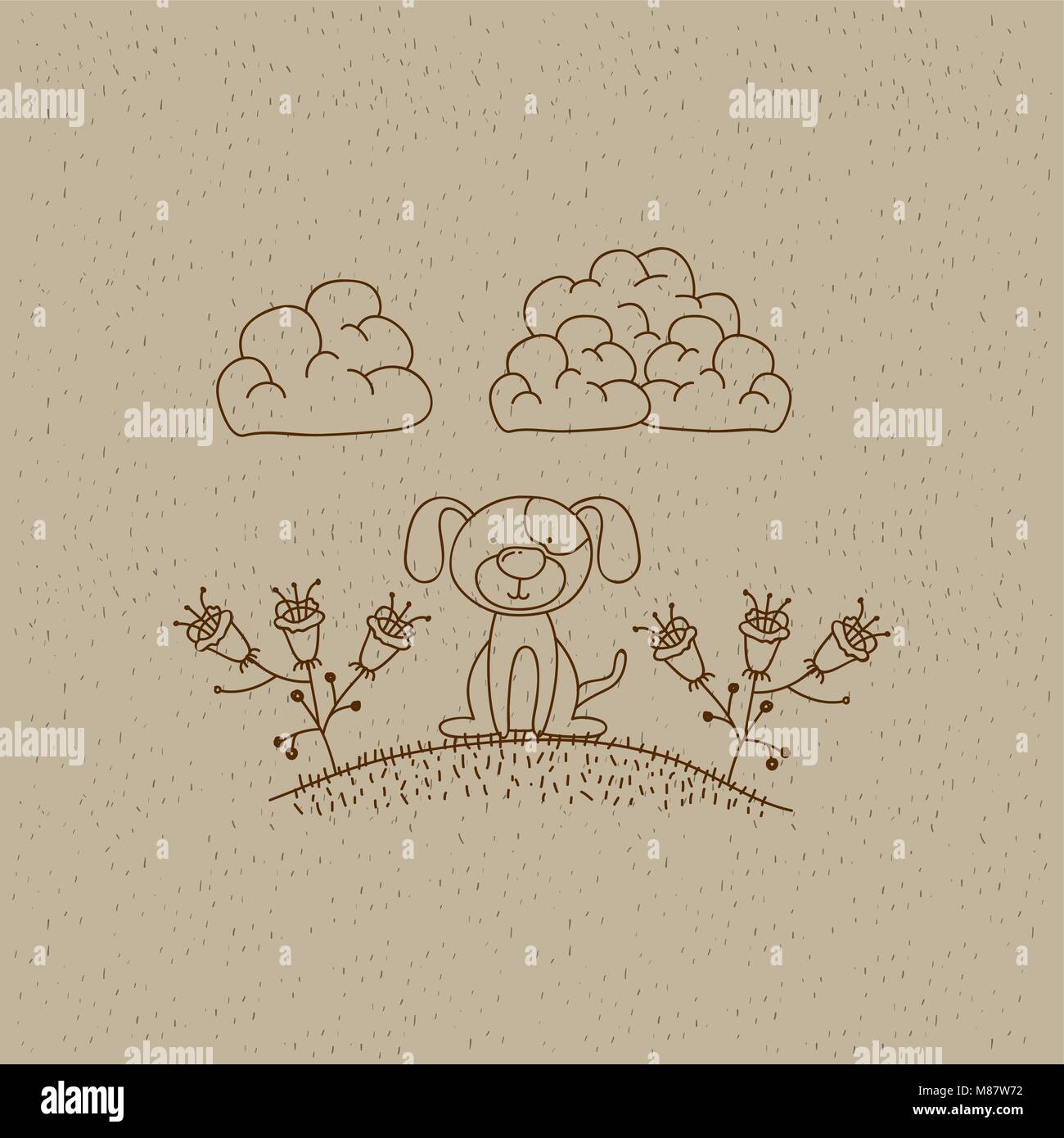 La main de paysage monochrome chien dans Hill avec des plantes Illustration de Vecteur