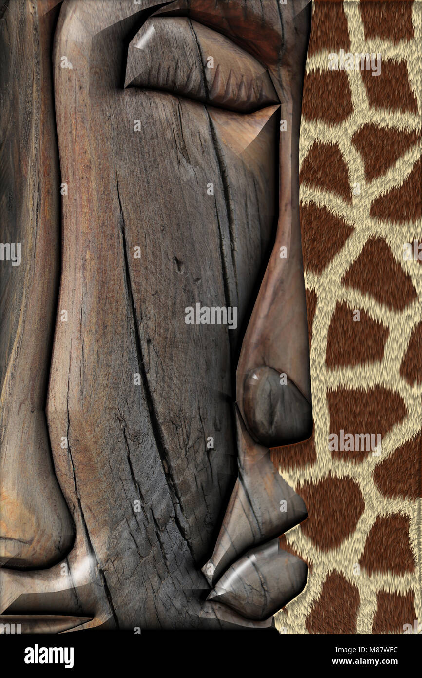 Le Rendu 3D. Totem en bois ethnique sur la peau de Giraffe Banque D'Images