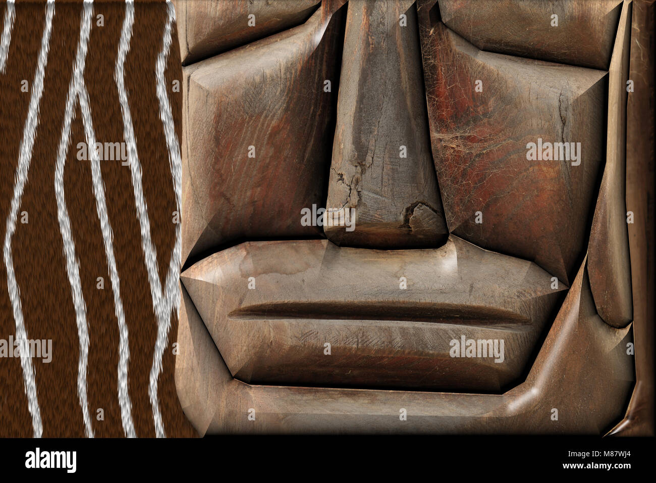 Le Rendu 3D. Totem en bois ethnique sur la peau de zèbre Banque D'Images