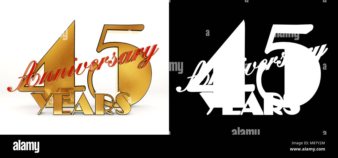 Nombre d'or quarante cinq (45) et le mot 'ans' dans le contexte de la perspective de texte d'accueil. 3D illustration Banque D'Images