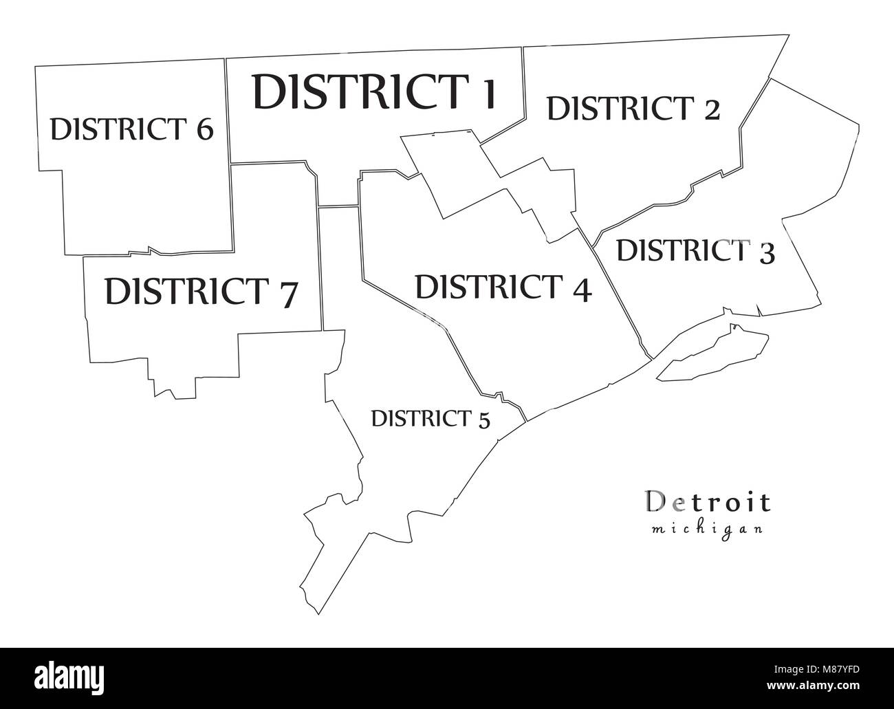 Plan de la ville moderne - Detroit Michigan ville des USA avec les districts et les titres contour plan Illustration de Vecteur