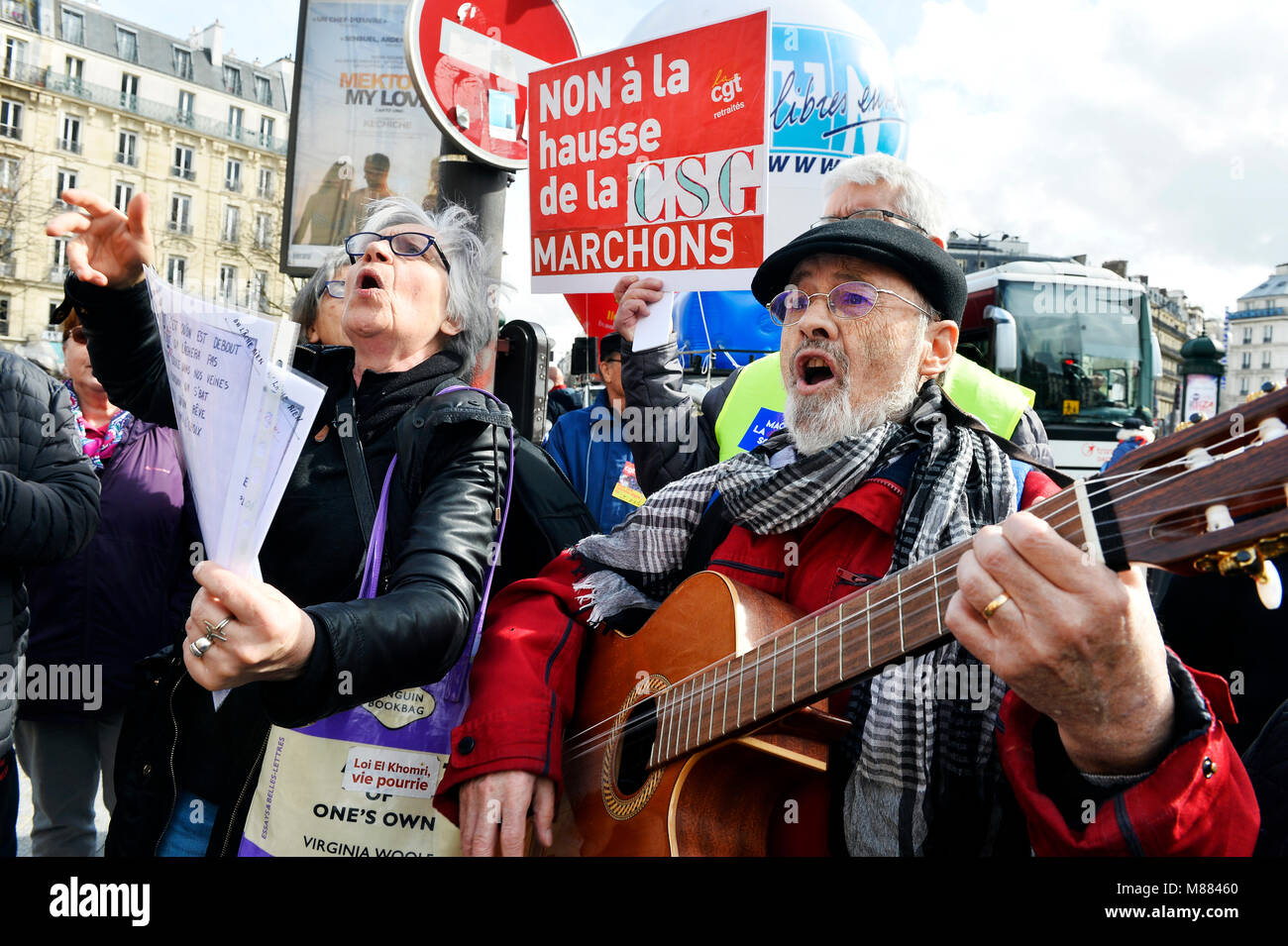 Montparnasse, Paris, France 15 mars 2018. Les travailleurs retraités protester contre l'augmentation des cotisations de sécurité sociale sur les retraites faibles (CSG). Crédit : Frédéric VIELCANET/Alamy Live News Banque D'Images