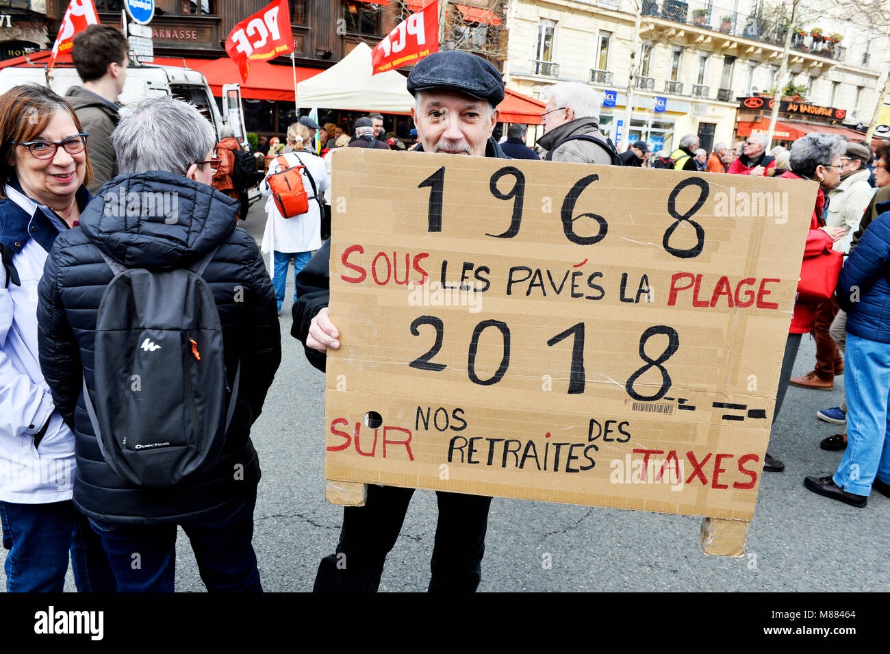 Montparnasse, Paris, France 15 mars 2018. Les travailleurs retraités protester contre l'augmentation des cotisations de sécurité sociale sur les retraites faibles (CSG). Crédit : Frédéric VIELCANET/Alamy Live News Banque D'Images