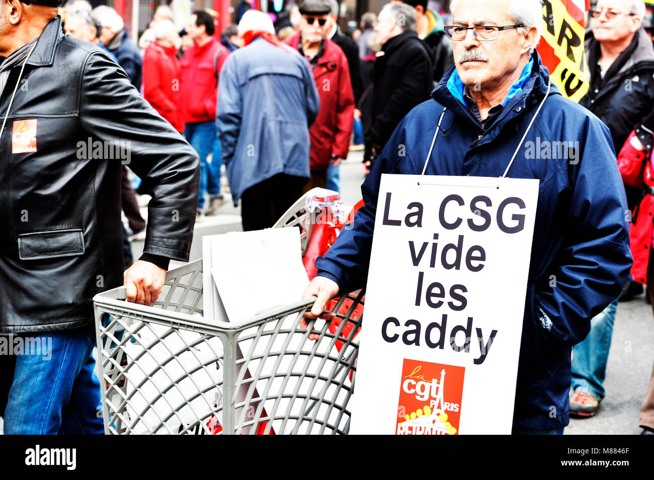 Montparnasse, Paris, France 15 mars 2018. Les travailleurs retraités protester contre l'augmentation des cotisations de sécurité sociale sur les retraites faibles (CSG). Crédit : Frédéric VIELCANET/Alamy Live News Banque D'Images