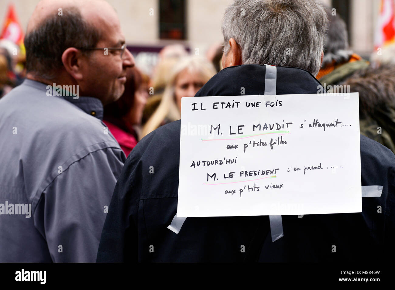 Montparnasse, Paris, France 15 mars 2018. Les travailleurs retraités protester contre l'augmentation des cotisations de sécurité sociale sur les retraites faibles (CSG). Crédit : Frédéric VIELCANET/Alamy Live News Banque D'Images