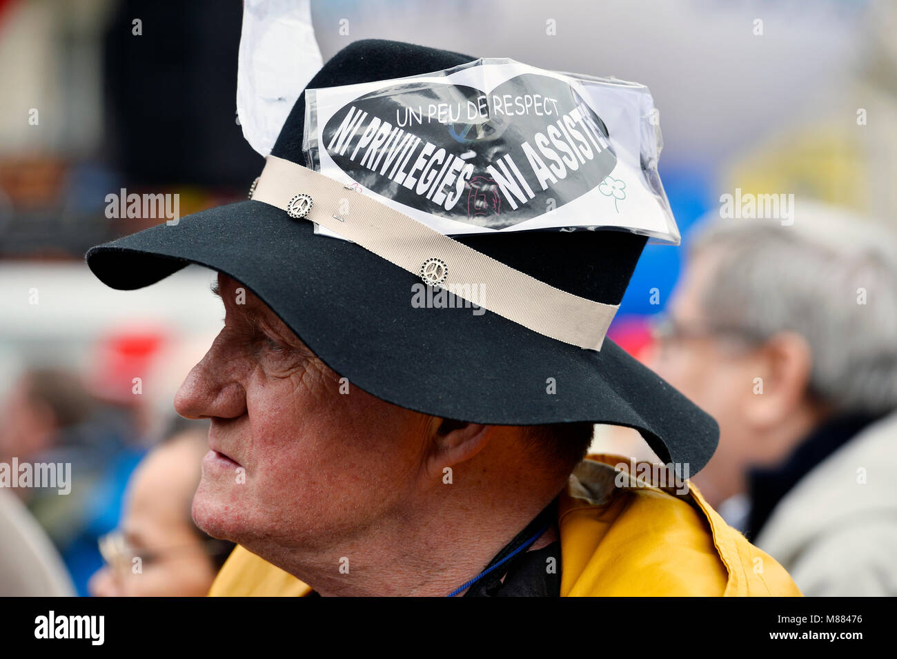 Montparnasse, Paris, France 15 mars 2018. Les travailleurs retraités protester contre l'augmentation des cotisations de sécurité sociale sur les retraites faibles (CSG). Crédit : Frédéric VIELCANET/Alamy Live News Banque D'Images