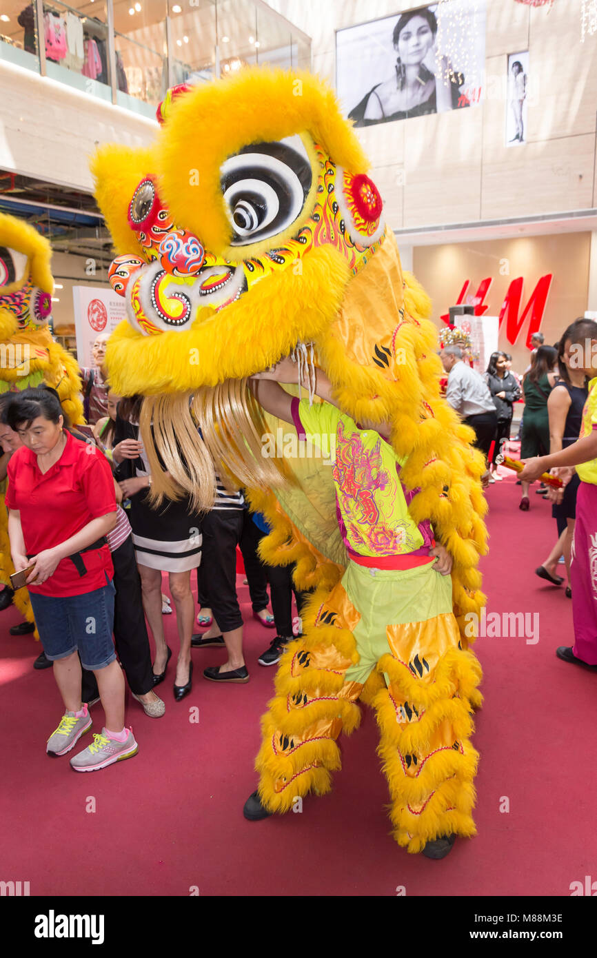 Dragon Tang San Kuan & Lion Dance Troupe, un Raffles Place, Raffles Place, centre-ville, Secteur Central, l'île de Pulau Ujong (Singapour), Singapour Banque D'Images