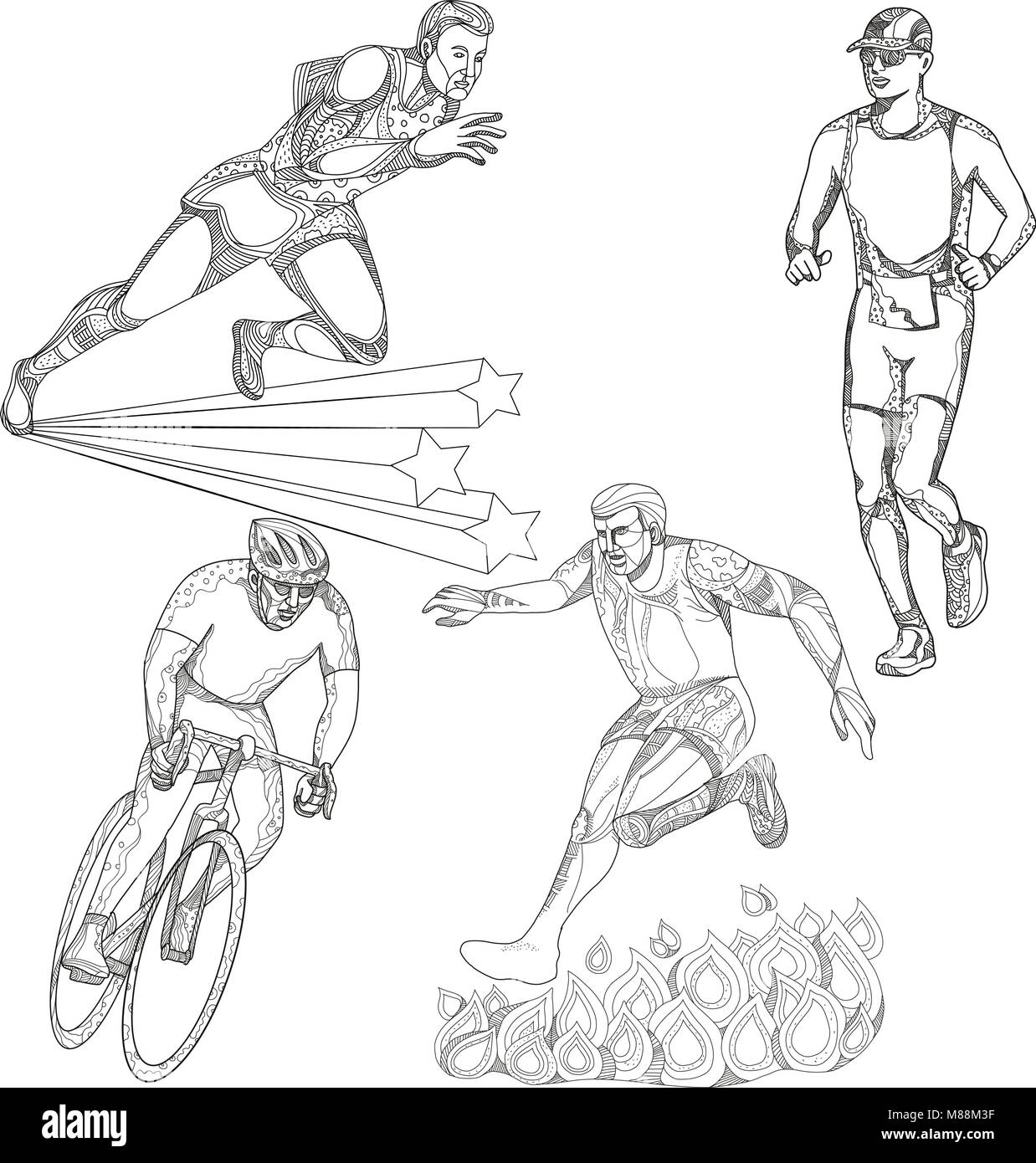 Une collection d'art doodle illustrations qui inclut les sports, athlétisme, marathon runner runner, triathlète ou parcours d'ra Illustration de Vecteur