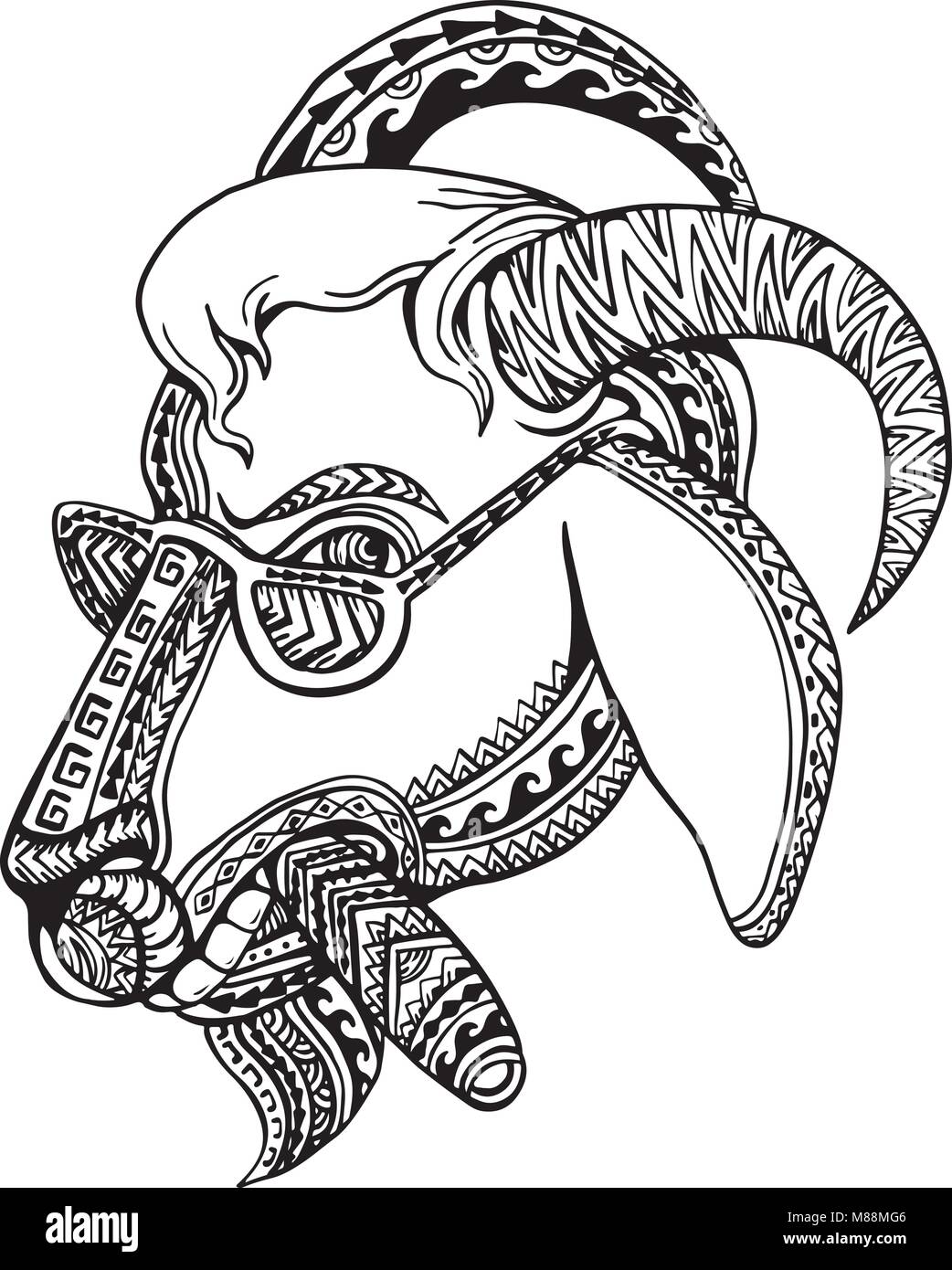 Illustration de style tatouage tribal du chef d'une chèvre fumeurs de cigare et de porter des lunettes de soleil avec le mouflon d'Amérique en noir et blanc. Illustration de Vecteur
