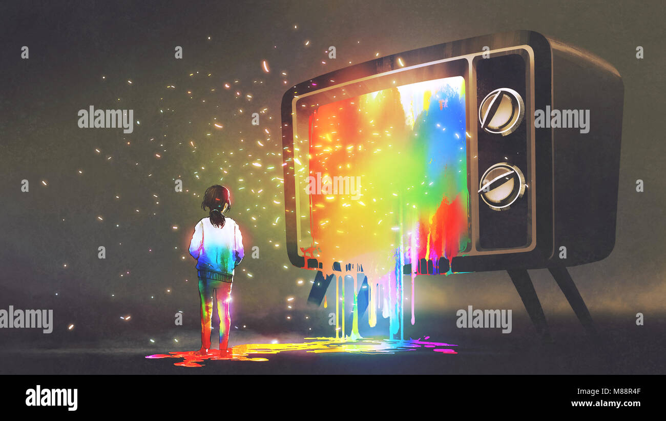 Girl sali avec lumière colorée de la grande télévision, gouttes de peinture arc-en-ciel TV rétro, style art numérique, illustration peinture Banque D'Images