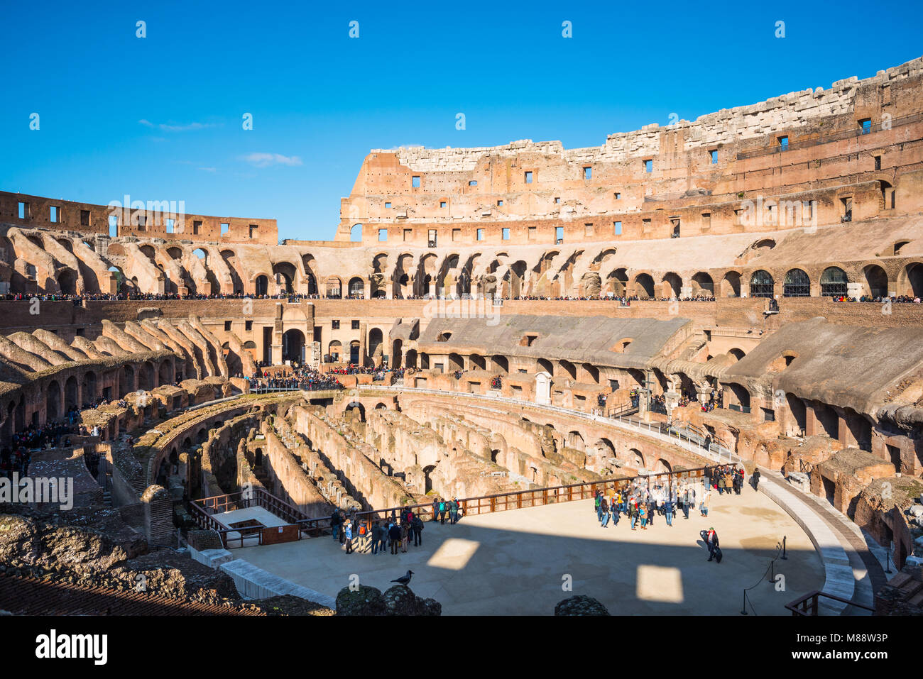 Large vue panoramique sur le Colisée ou Coliseum, également connu sous le nom de l'amphithéâtre Flavien, avec le sous-sol hypogée, Rome. Le Latium. L'Italie. Banque D'Images