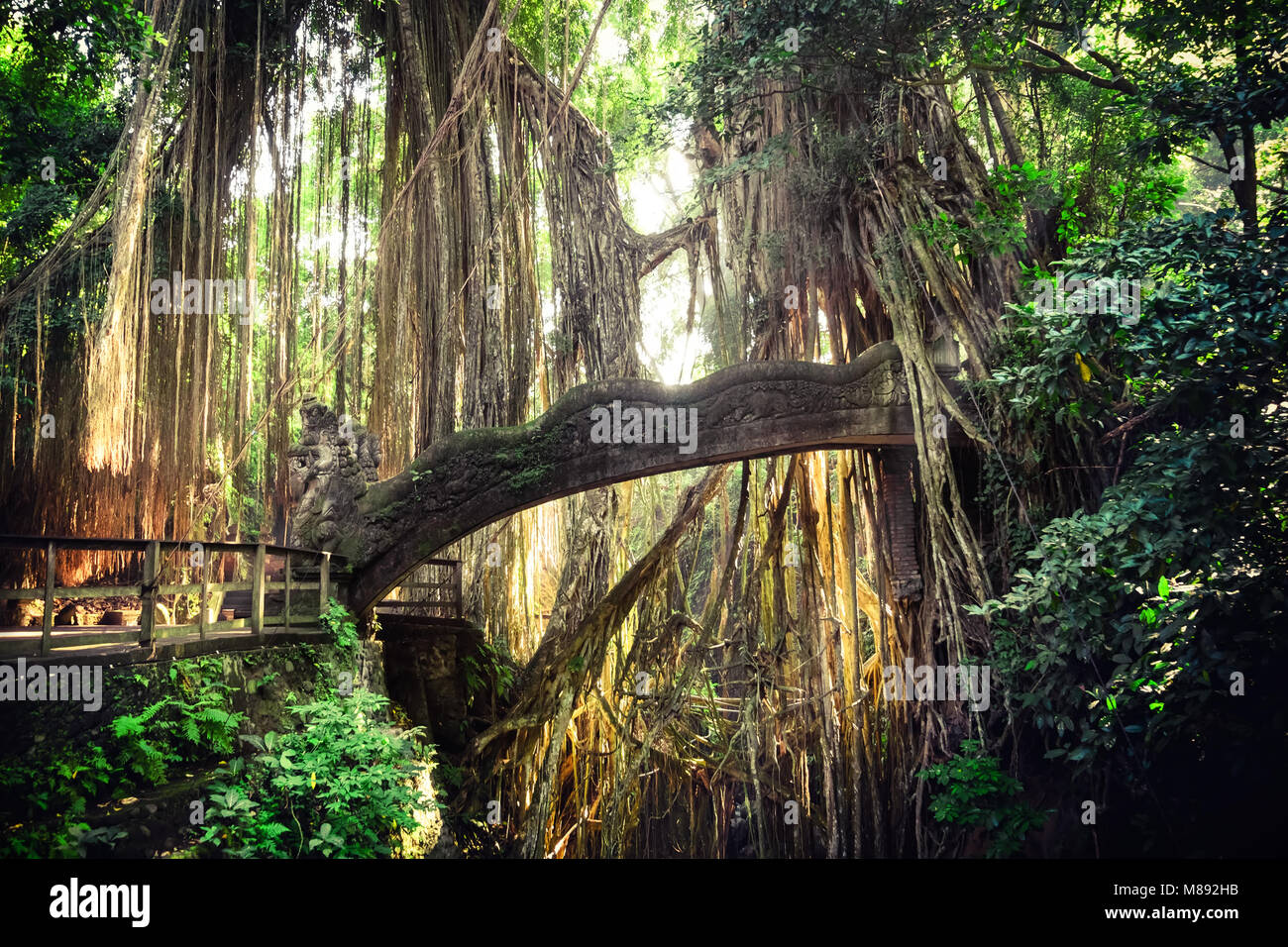 Couleurs de fantaisie surréaliste lever du soleil avec Monkey Forest pont Lion Barong et Temple Hindou. Bali, Indonésie. Paysage de fond mystérieux concept Banque D'Images