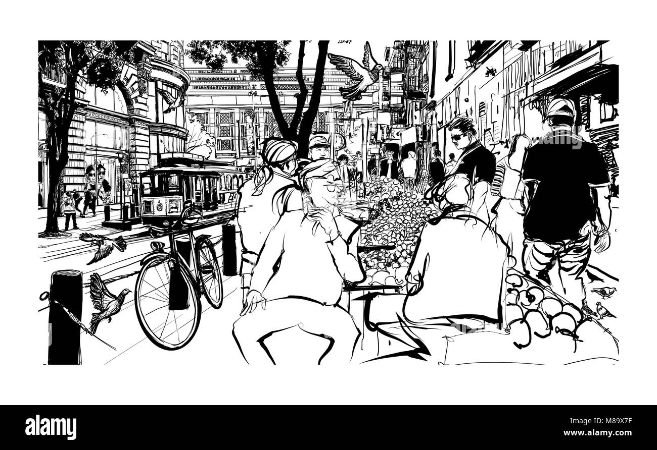 San Francisco, la rue historique et tramway - vector illustration Illustration de Vecteur