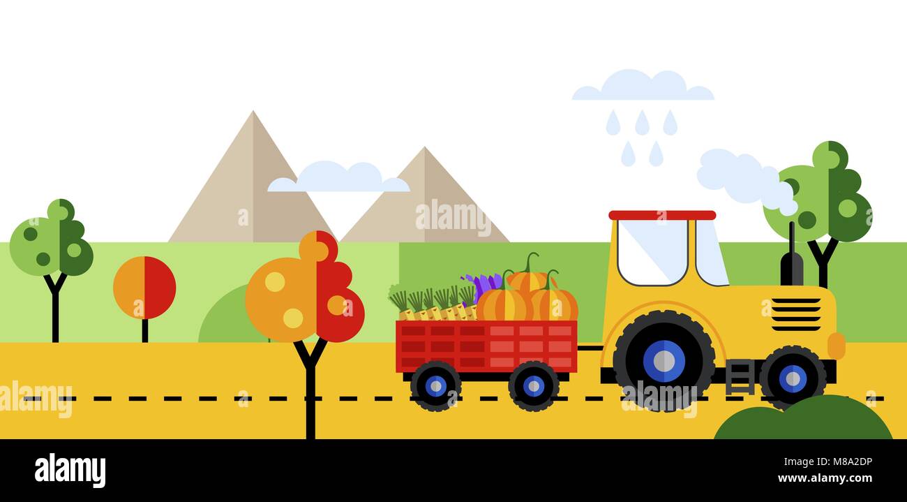 Tracteur agricole avec la récolte de légumes. Illustration de Vecteur