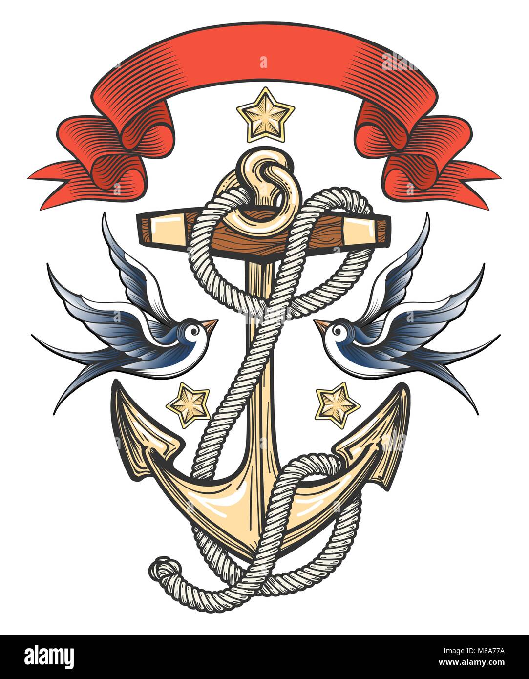 L'ancre avec les hirondelles et ruban. Conception de tatouage. Vector illustration. Illustration de Vecteur