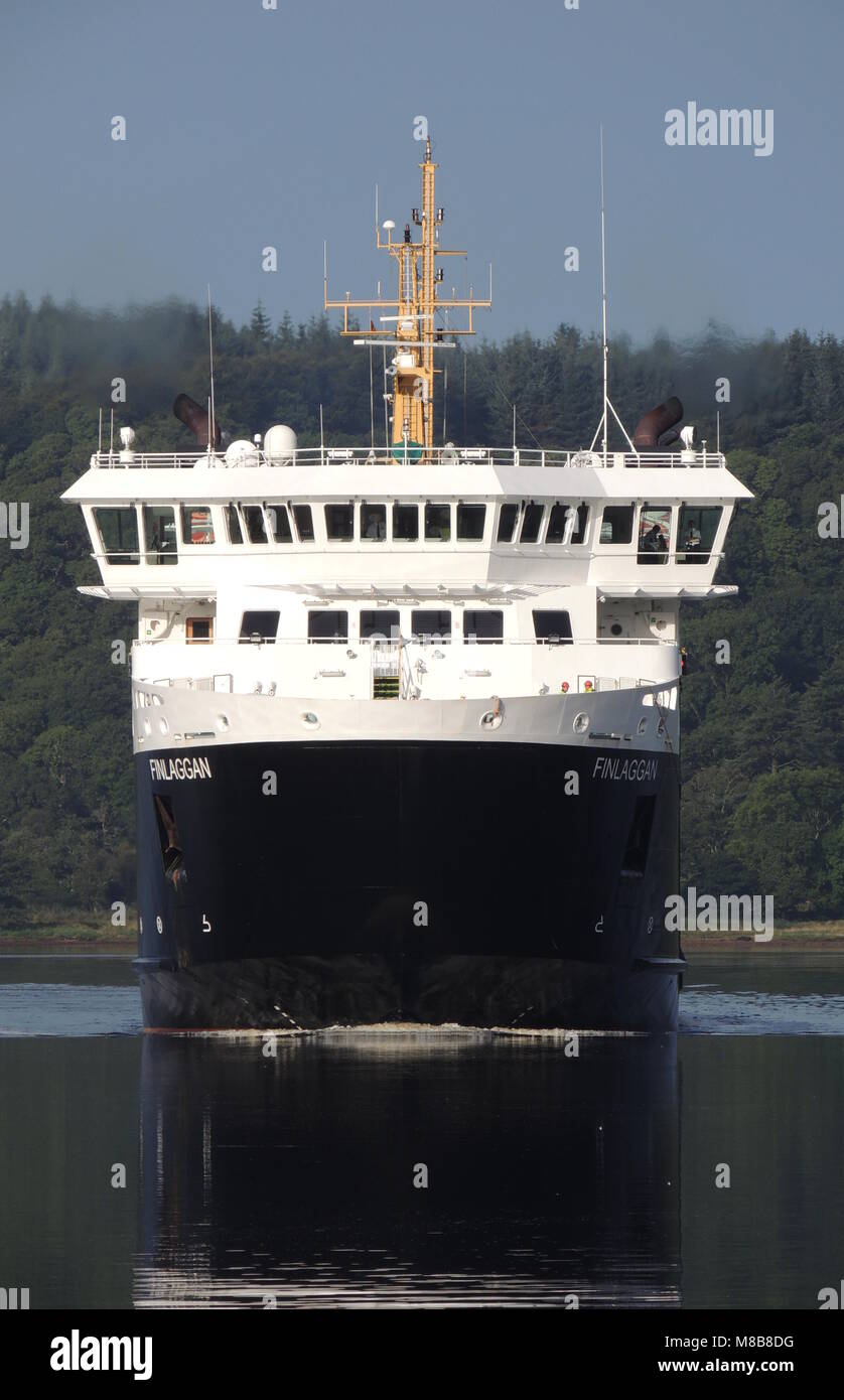 Caledonian MacBrayne MV du Finlaggan arrivant au Terminal de Ferry Kennacraig sur la péninsule de Kintyre en ARGYLL & BUTE. Banque D'Images