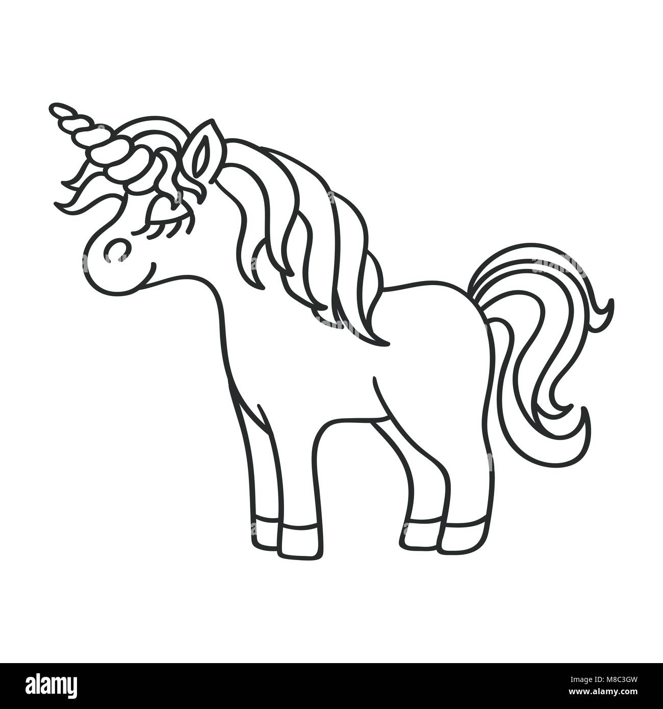 Licorne Fantasy contour noir croquis icône sur le fond blanc Illustration de Vecteur