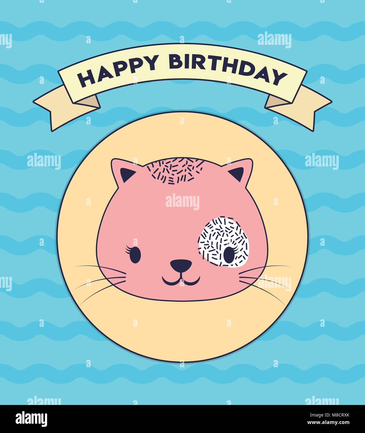 Joyeux Anniversaire Avec L Icone De Chat Mignon Et Ruban Decoratif Sur Fond Bleu Design Colore Vector Illustration Image Vectorielle Stock Alamy