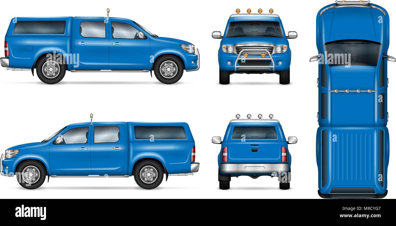 Pickup truck vector mock-up. Modèle de voiture bleu isolé sur blanc. Maquette des véhicules. Côté, avant, arrière, vue d'en haut. Facile à éditer et modifier les couleurs. Illustration de Vecteur