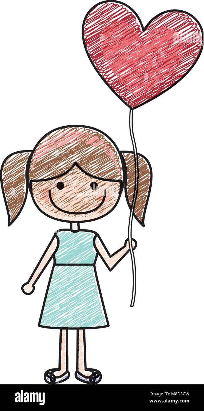 Dessin au crayon de couleur de la caricature de smiling girl in robe ballon en forme de coeur Illustration de Vecteur