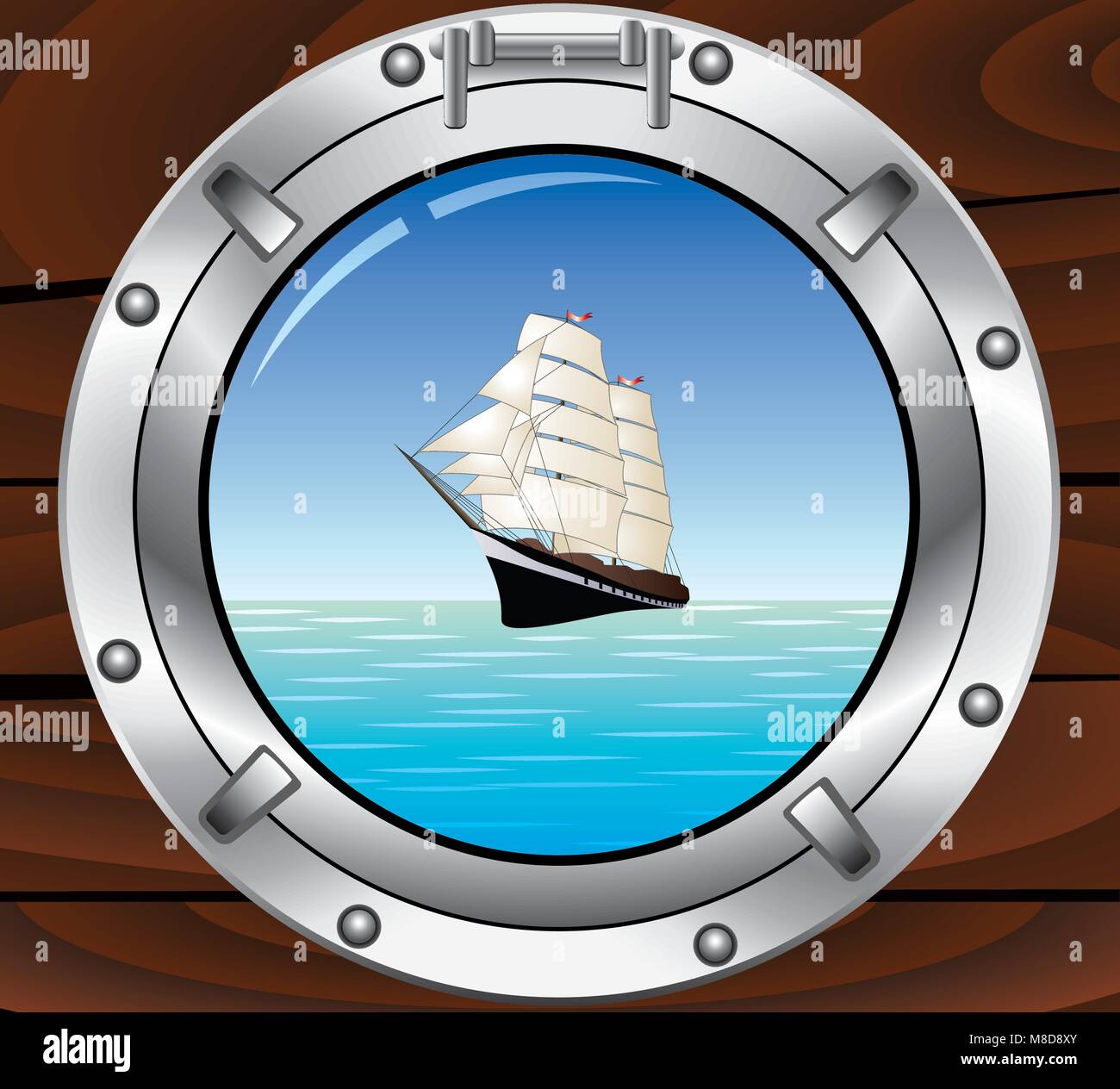 Vector travel concept metal hublot et tallship dans l'océan Illustration de Vecteur