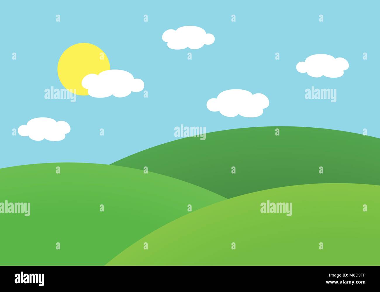 Modèle plat, illustration du paysage avec Prairie et colline sous le ciel bleu avec soleil et nuages - vector Illustration de Vecteur