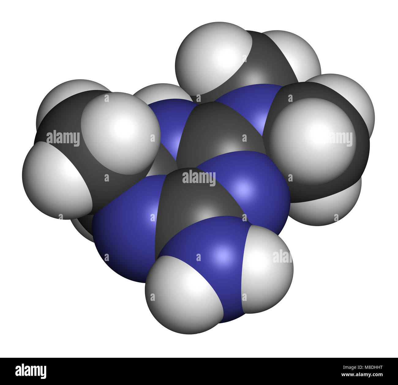 Imeglimin diabète molécule pharmaceutique. Le rendu 3D. Les atomes sont représentés comme des sphères classiques avec codage couleur : blanc (hydrogène), carbone (gris), nitr Banque D'Images