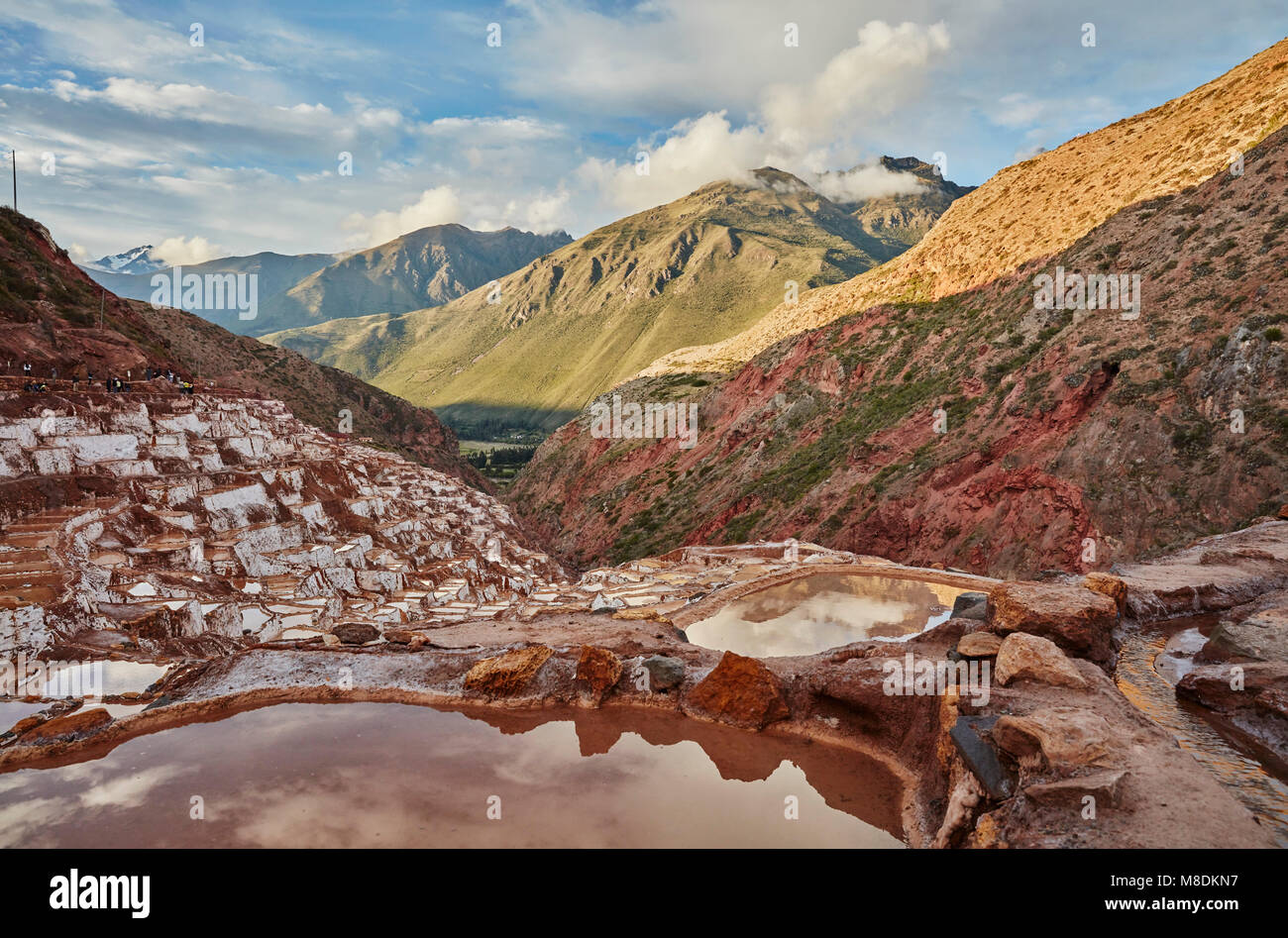 Vue sur les terrasses de sel, Maras, Cusco, Pérou Banque D'Images