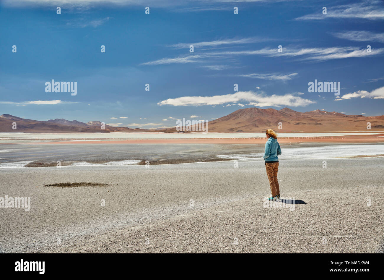 Femme debout, à la vue, à la Laguna Colorada, Colorada, Potosi, Bolivie, Amérique du Sud Banque D'Images