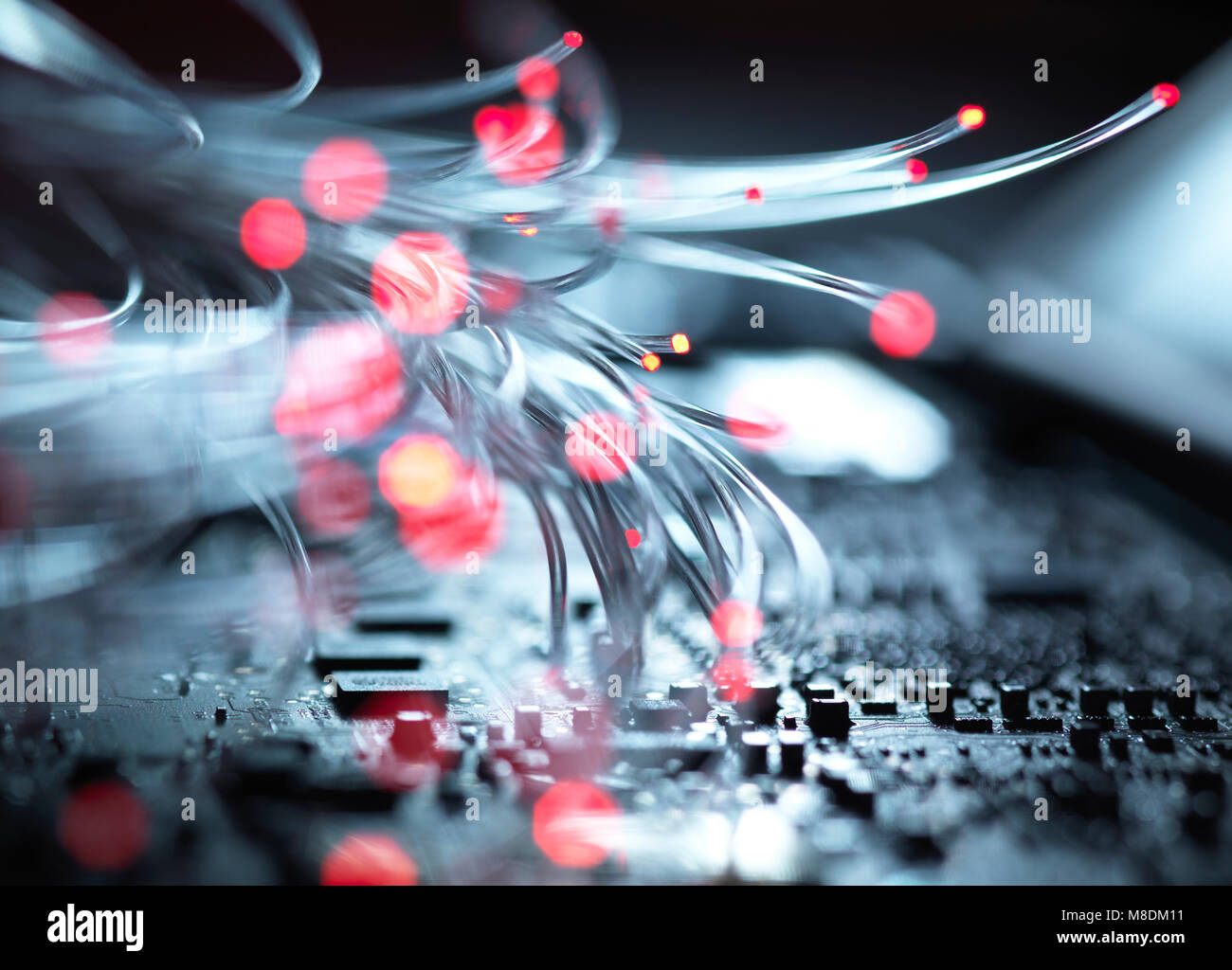 La fibre optique acheminant des données passant l'intérieur de circuits imprimés d'un ordinateur portable Banque D'Images
