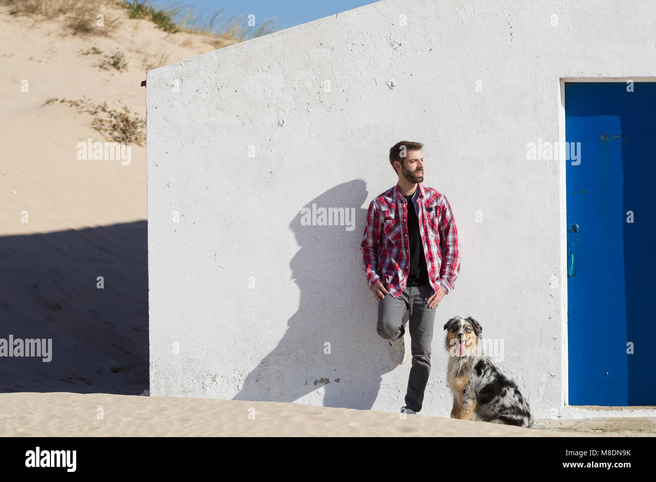 Man with dog leaning against wall at beach Banque D'Images
