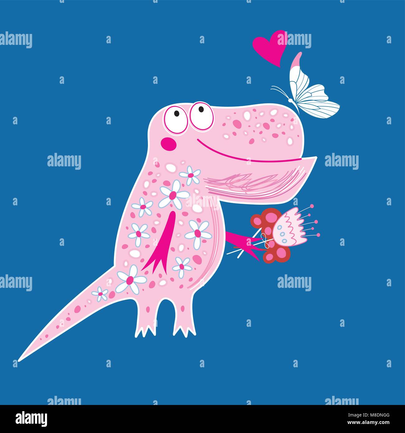 Carte postale lumineux avec un drôle de dinosaure amoureux et papillon sur fond bleu Illustration de Vecteur