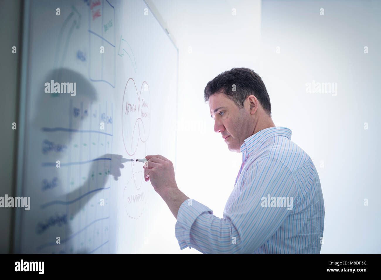 Expert scientifique en s'appuyant sur un tableau blanc dans la salle de réunion Banque D'Images