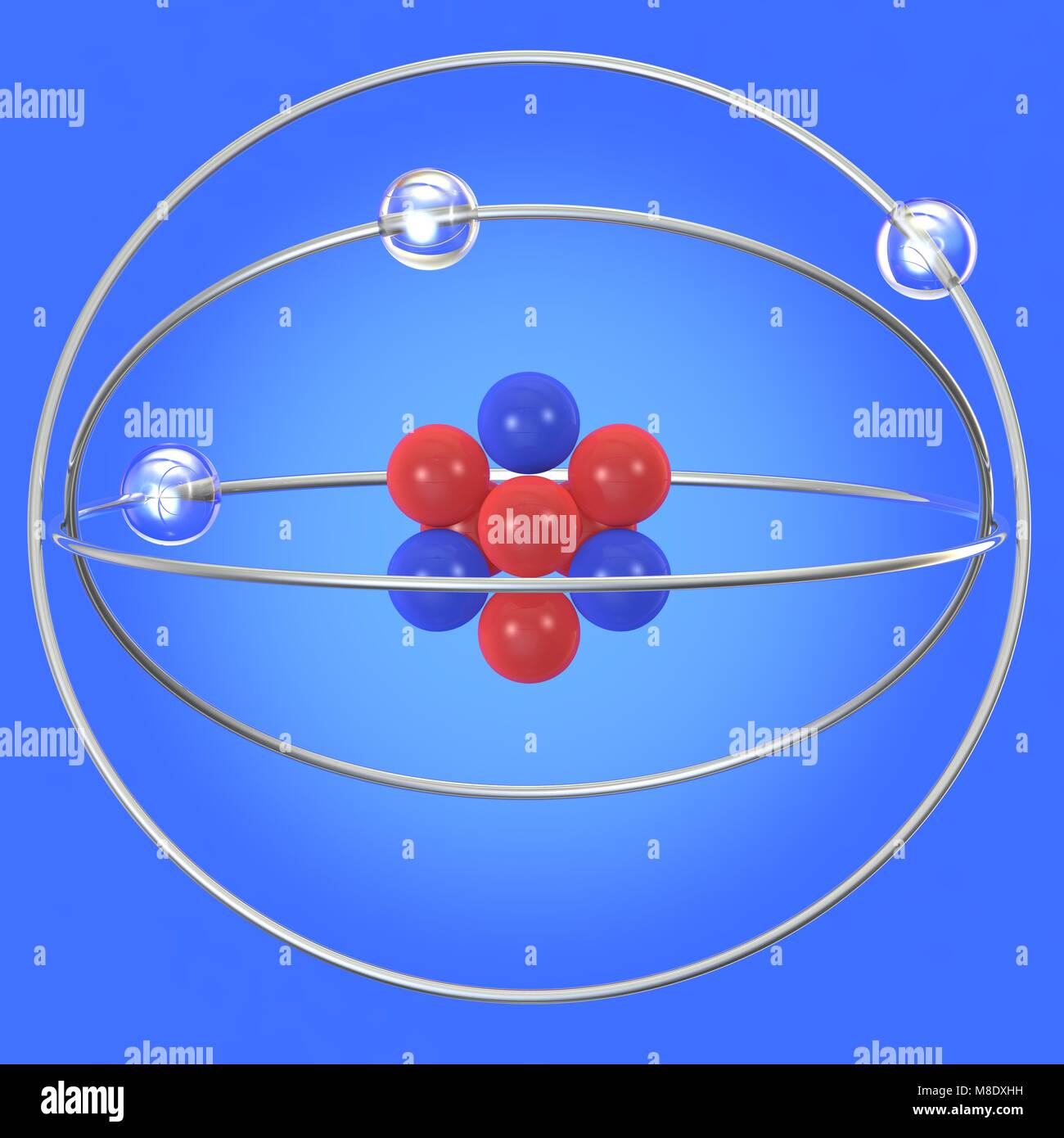 Structure abstraite d'un atome sur un fond bleu. 3D illustration Banque D'Images