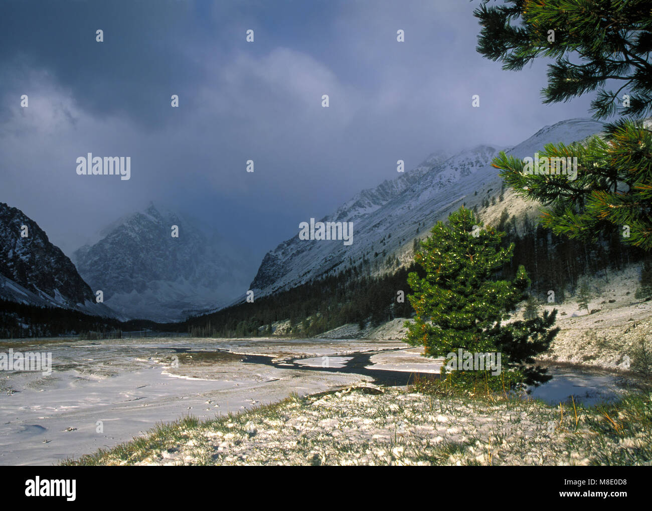 Aktru valley au printemps, les montagnes de l'Altaï, la neige, les nuages Banque D'Images