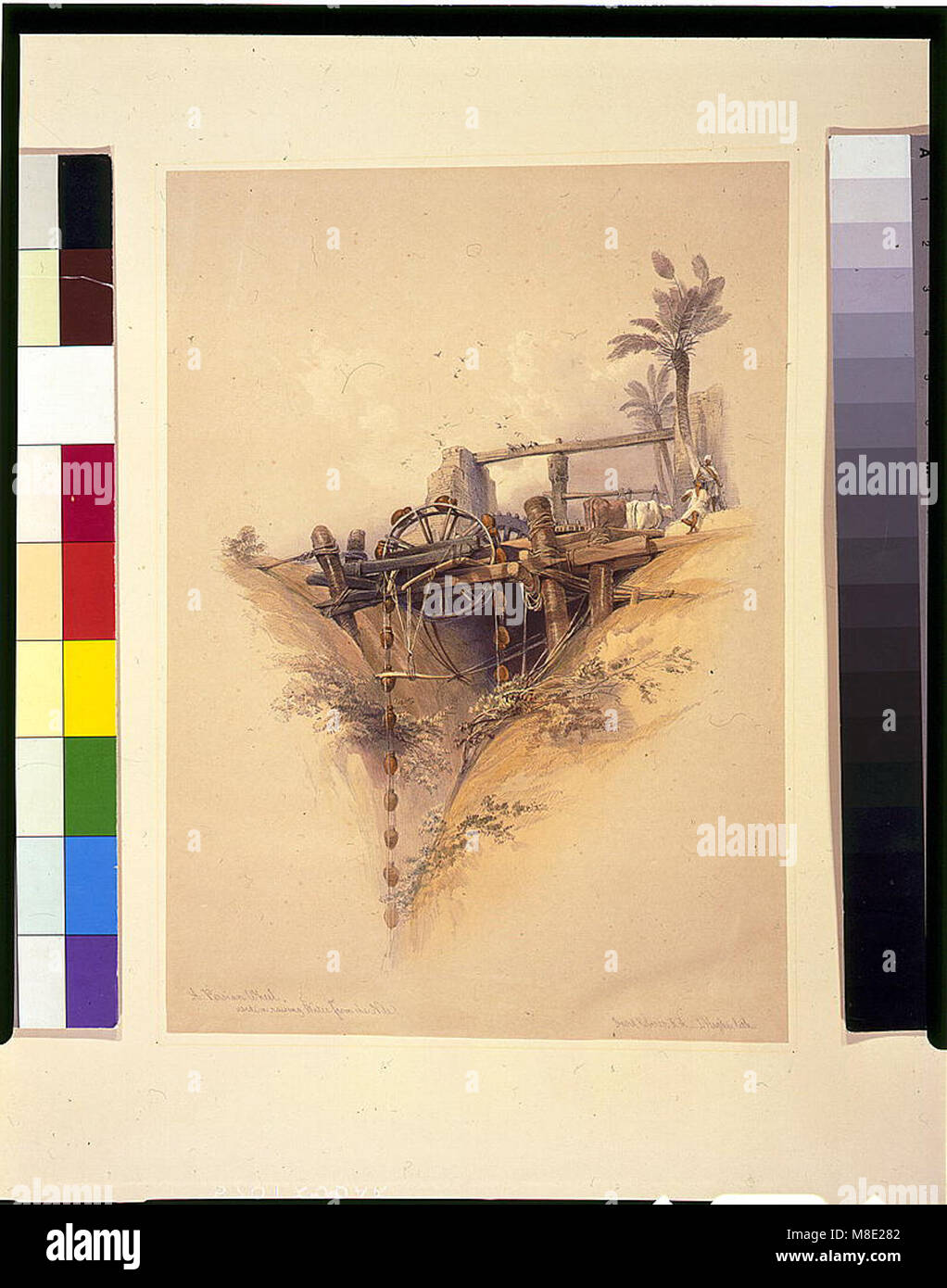 Une illustration de David Roberts montrant une roue persane utilisée pour soulever l'eau du Nil. Ce mécanisme de production d’eau était un outil essentiel pour l’irrigation dans l’Égypte ancienne, reflétant l’ingéniosité et les pratiques agricoles de l’époque. Banque D'Images
