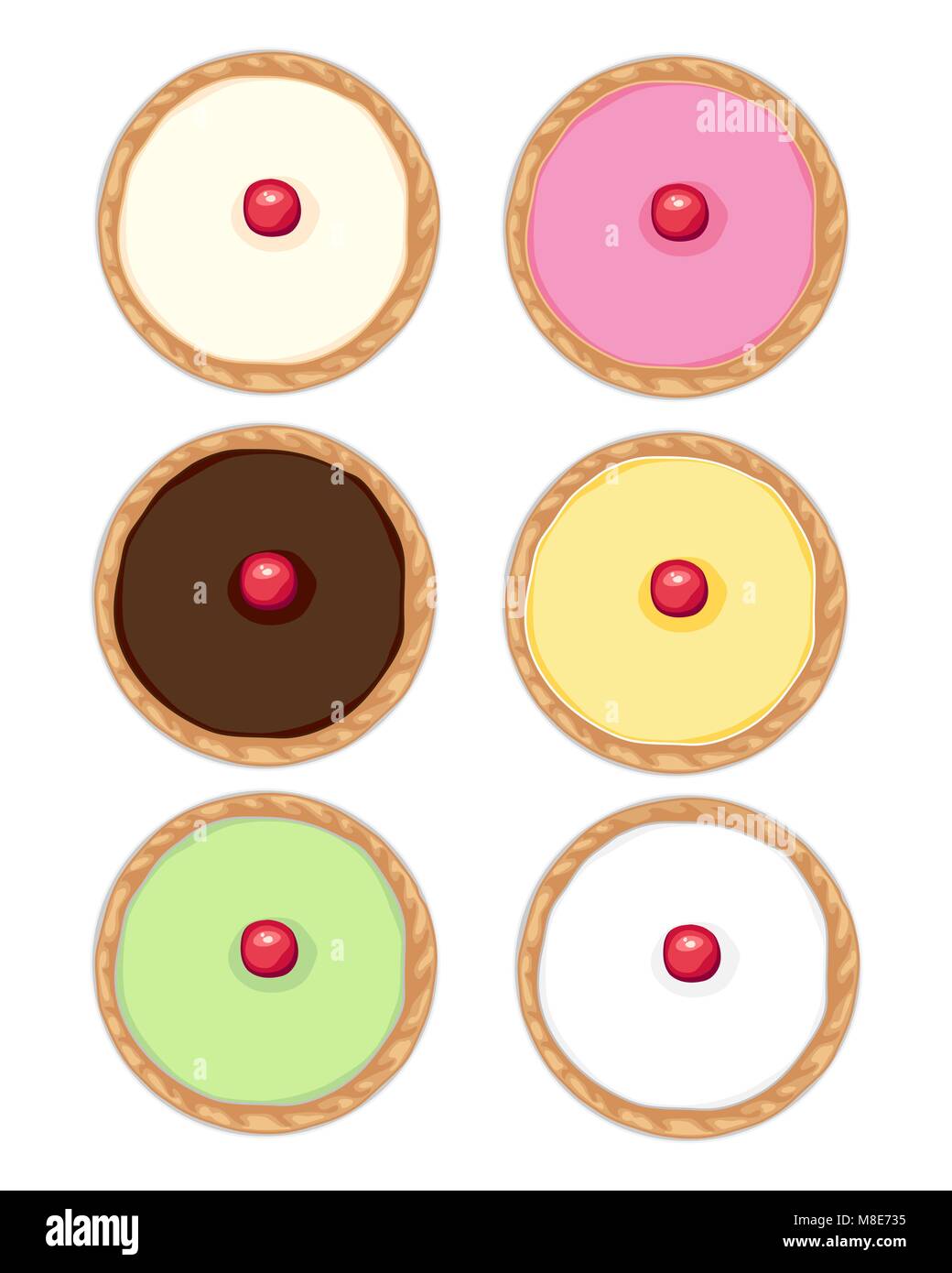 Un vecteur illustration au format eps de 6 gâteaux avec glaçage fondant et cerisier avec croûte dorée en différentes couleurs sur un fond blanc Illustration de Vecteur