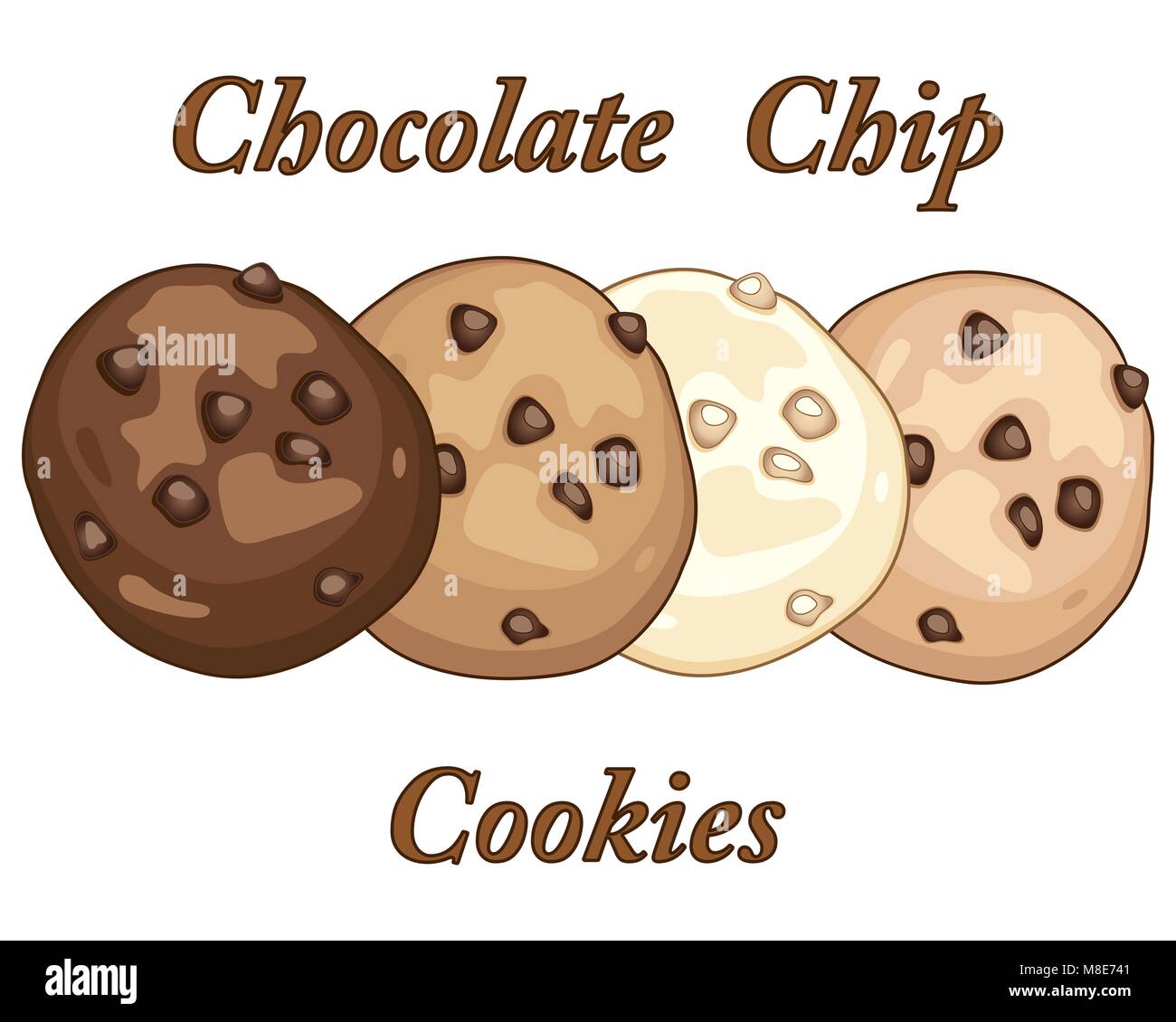 Un vecteur illustration en eps 10 format de quatre différents cookies aux pépites de chocolat sur un fond blanc avec des caractères dans un format publicitaire Illustration de Vecteur